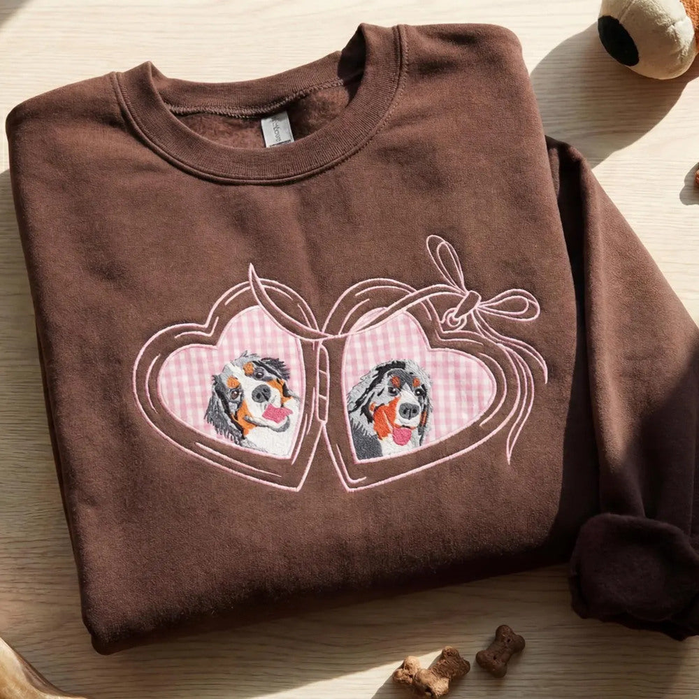 Vintage Locket Pet Portrait Sweatshirt, Embroidered Custom Dog Cat Face Photo Coquette Crewneck, Pet Lover Gift