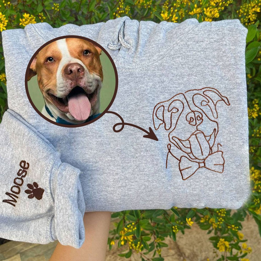 Custom Embroidered Line Art Pet Portrait Outline Sweatshirt Hoodie Gift For Dog/Cat Owner Pet Lovers
