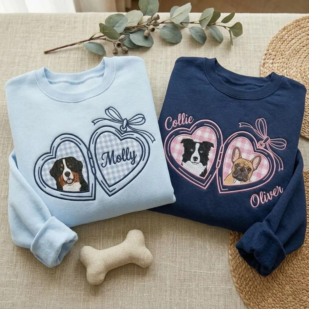Vintage Locket Pet Portrait Sweatshirt, Embroidered Custom Dog Cat Face Photo Coquette Crewneck, Pet Lover Gift