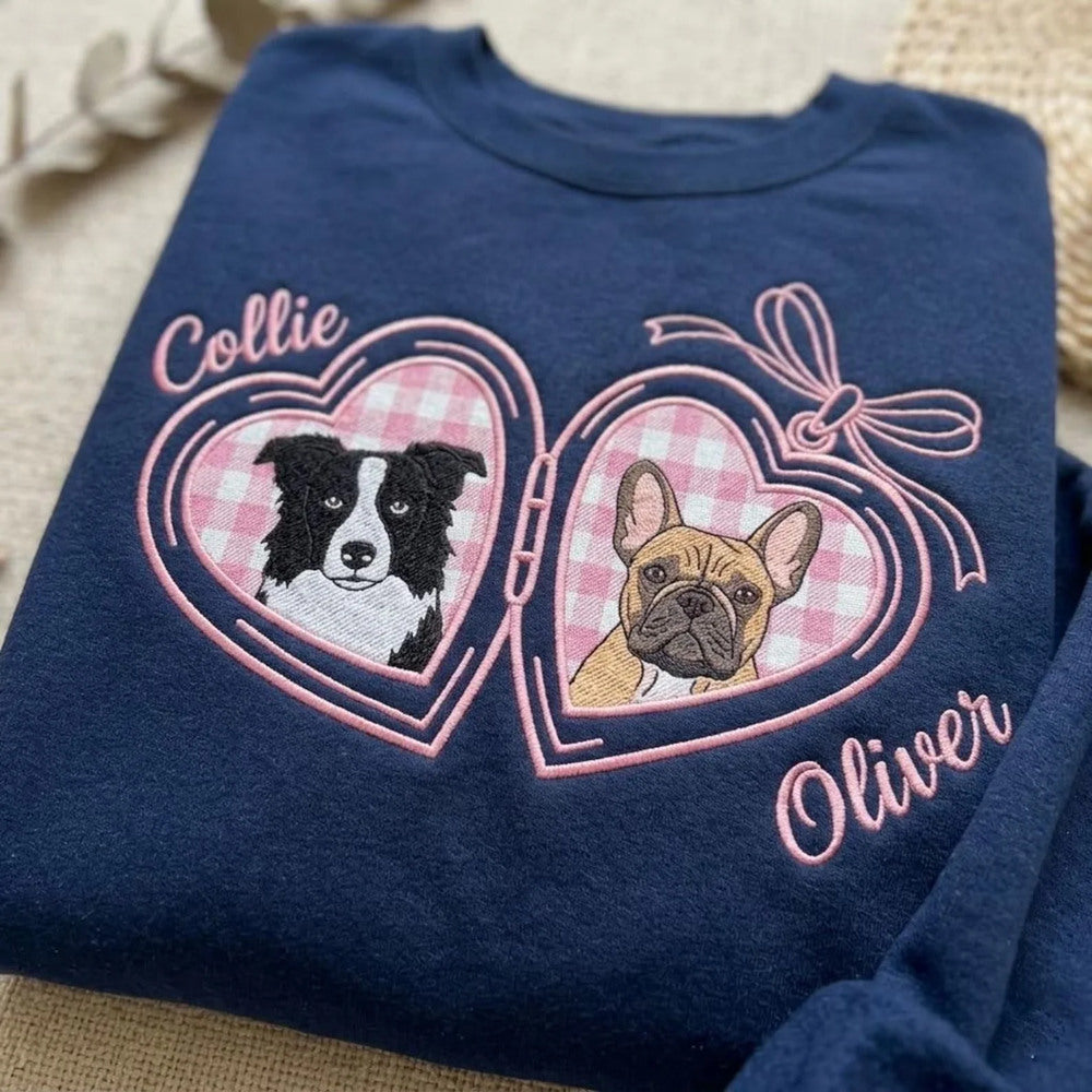 Vintage Locket Pet Portrait Sweatshirt, Embroidered Custom Dog Cat Face Photo Coquette Crewneck, Pet Lover Gift