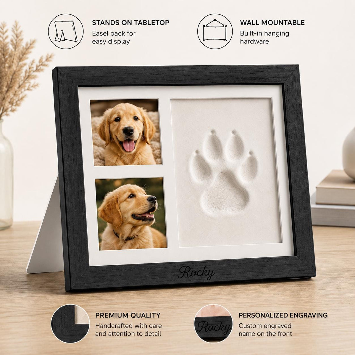 Personalized Pet Paw Keepsake Kit, Solid Wood Dog or Cat Memorial Photo Frame