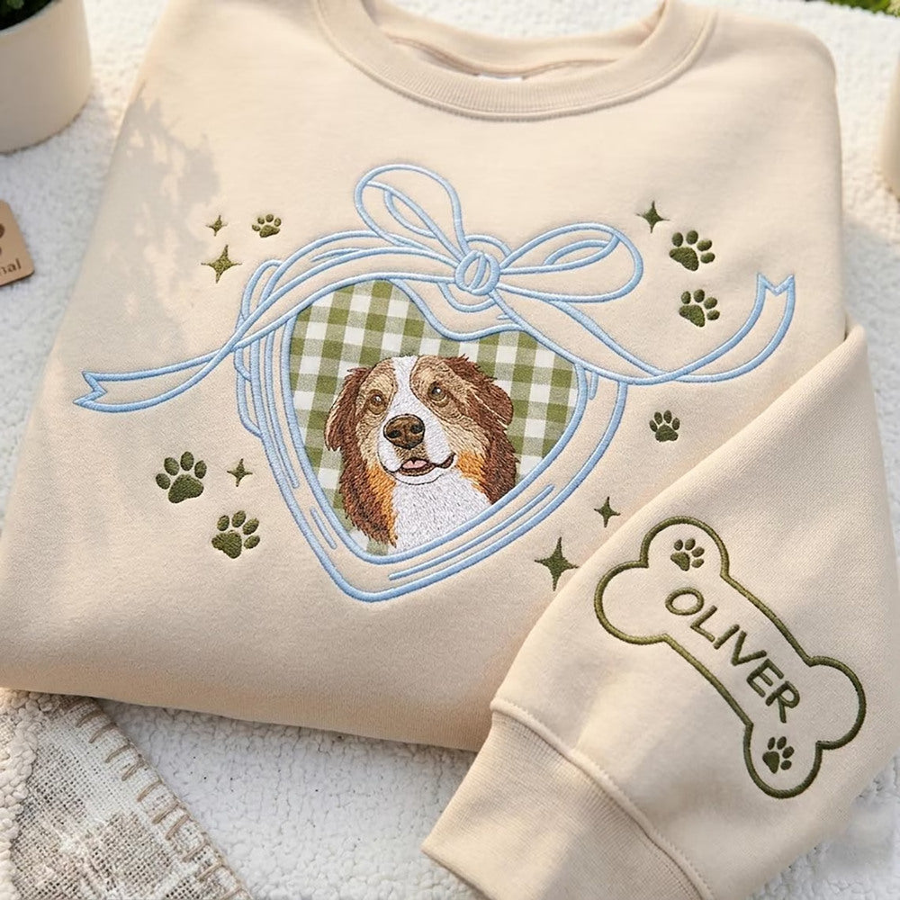 Vintage Locket Pet Portrait Sweatshirt, Embroidered Custom Dog Cat Face Photo Coquette Crewneck, Pet Lover Gift