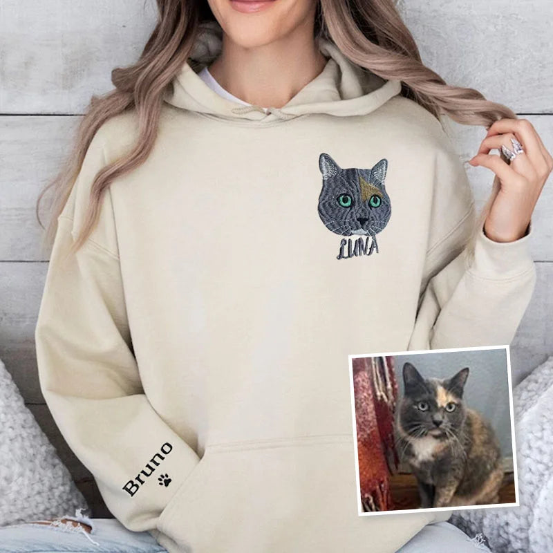 Personalized Embroidered Pet Face and Name Sweatshirt Custom Dog Cat Photo Hoodie Gift for Pet Lovers
