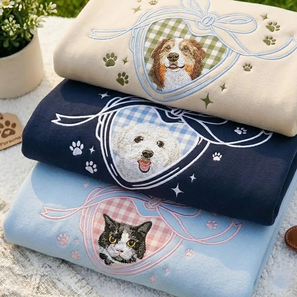 Vintage Locket Pet Portrait Sweatshirt, Embroidered Custom Dog Cat Face Photo Coquette Crewneck, Pet Lover Gift