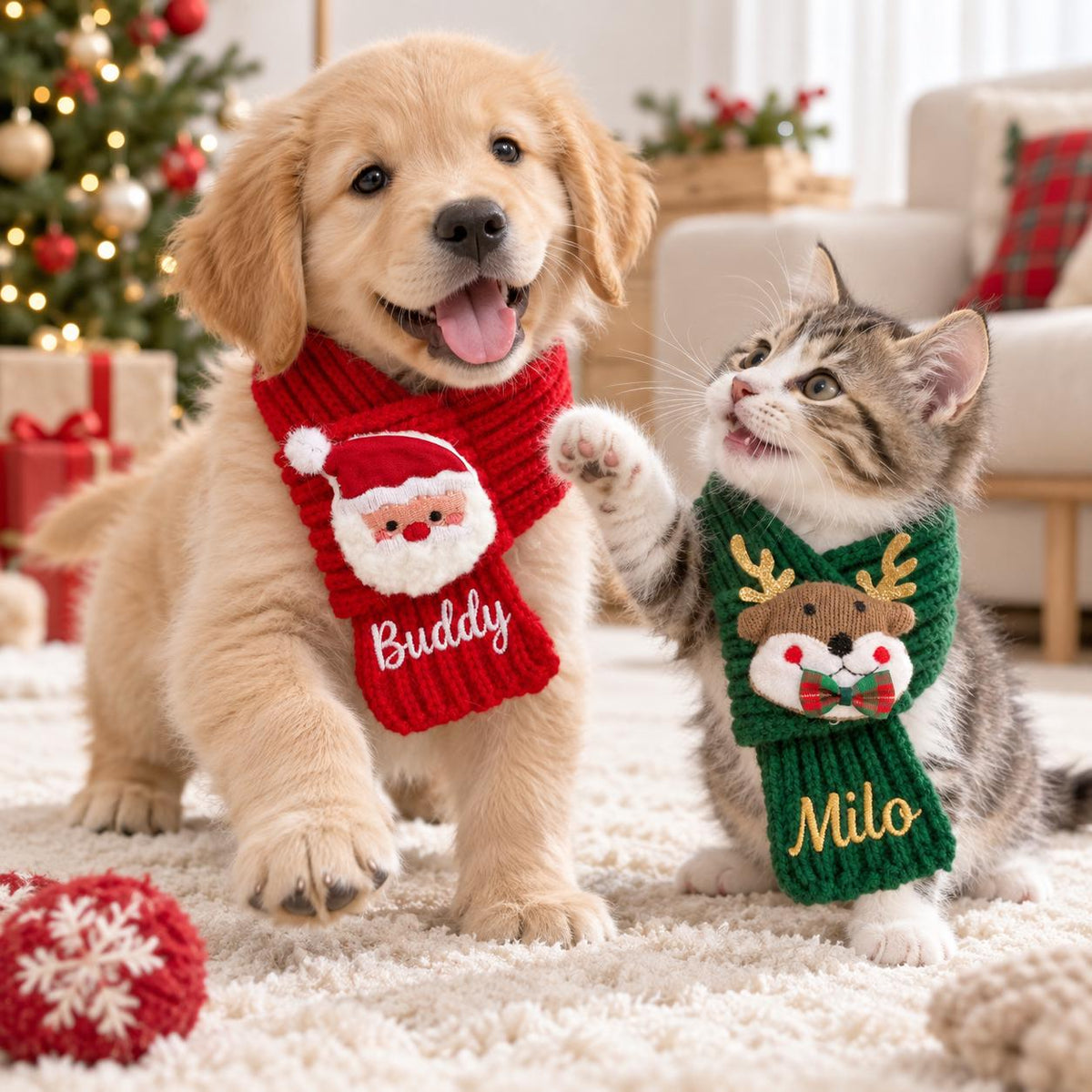 Personalized Christmas Pet Scarf, Custom Embroidered Dog Cat Scarf, Reindeer Santa Holiday Outfit, Puppy Kitten Christmas Gift