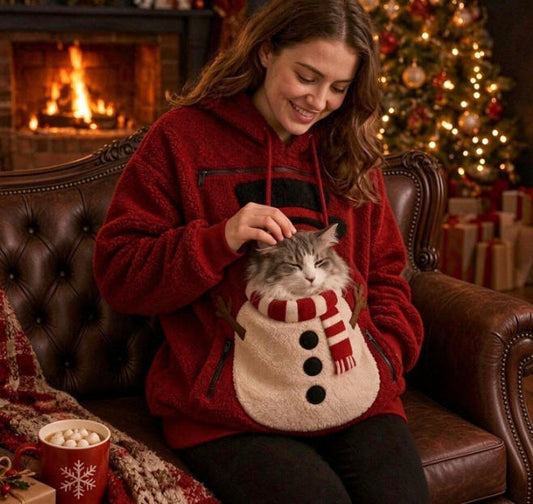 Pet Carrier Hoodie, Christmas Pet-Carrying Hoodie – Warm Fleece Pullover with Snowman & Gingerbread Man Print