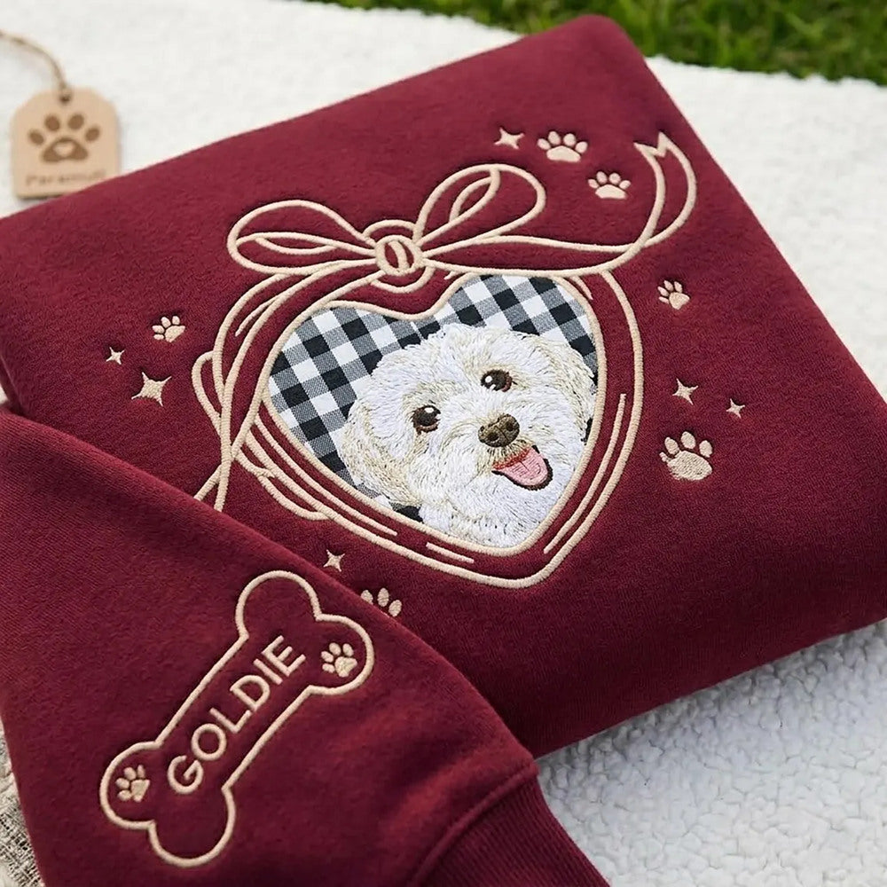 Vintage Locket Pet Portrait Sweatshirt, Embroidered Custom Dog Cat Face Photo Coquette Crewneck, Pet Lover Gift