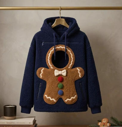Pet Carrier Hoodie, Christmas Pet-Carrying Hoodie – Warm Fleece Pullover with Snowman & Gingerbread Man Print