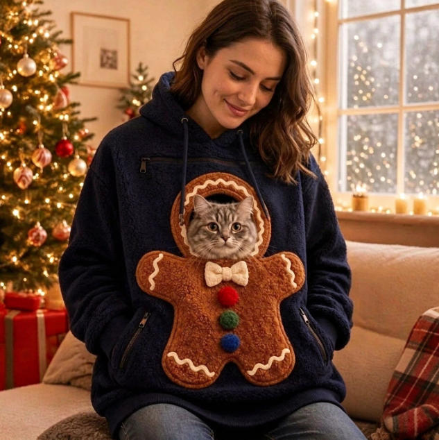 Pet Carrier Hoodie, Christmas Pet-Carrying Hoodie – Warm Fleece Pullover with Snowman & Gingerbread Man Print