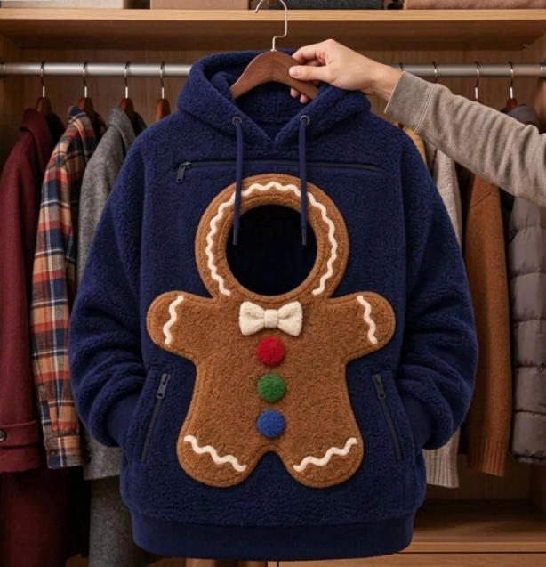 Pet Carrier Hoodie, Christmas Pet-Carrying Hoodie – Warm Fleece Pullover with Snowman & Gingerbread Man Print