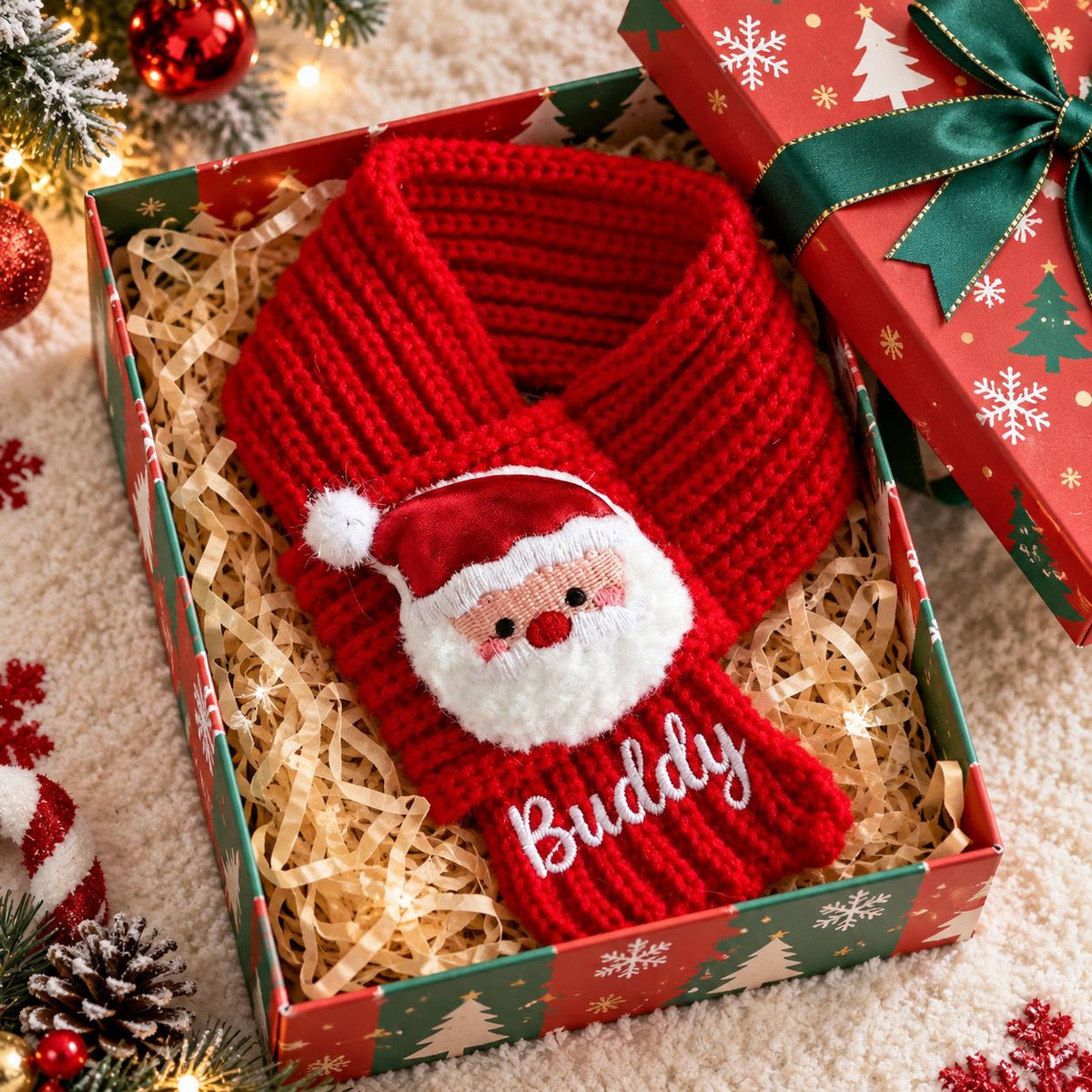 Personalized Christmas Pet Scarf, Custom Embroidered Dog Cat Scarf, Reindeer Santa Holiday Outfit, Puppy Kitten Christmas Gift