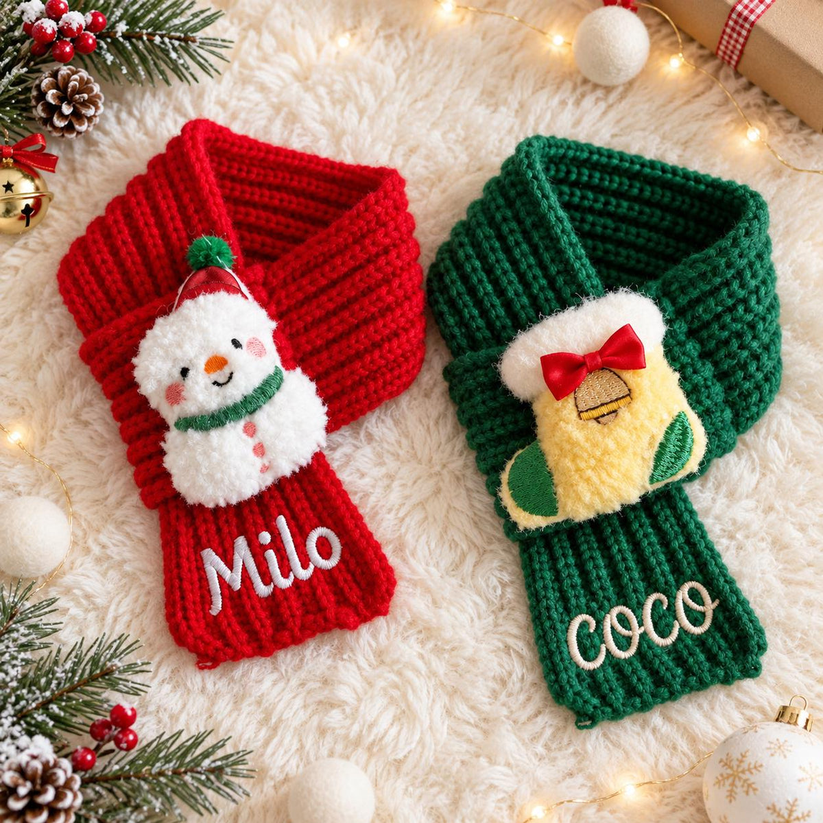 Personalized Christmas Pet Scarf, Custom Embroidered Dog Cat Scarf, Reindeer Santa Holiday Outfit, Puppy Kitten Christmas Gift