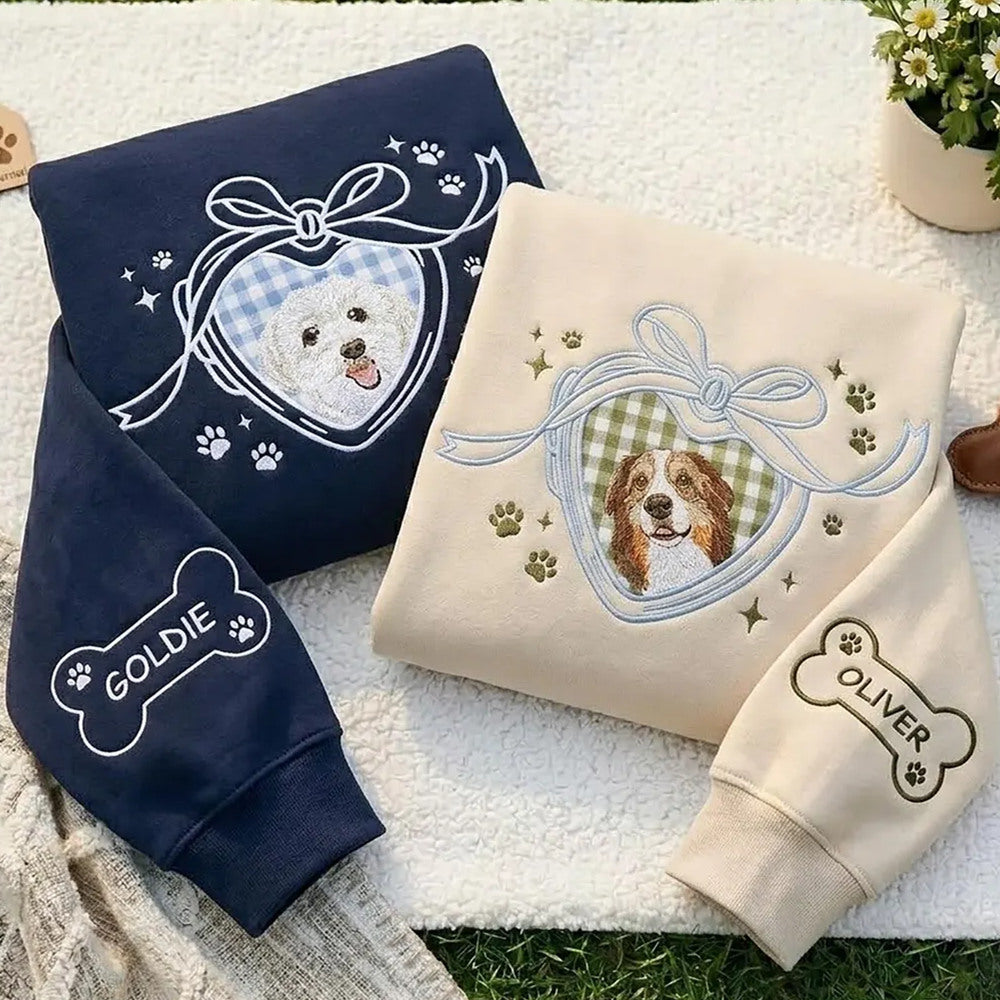 Vintage Locket Pet Portrait Sweatshirt, Embroidered Custom Dog Cat Face Photo Coquette Crewneck, Pet Lover Gift