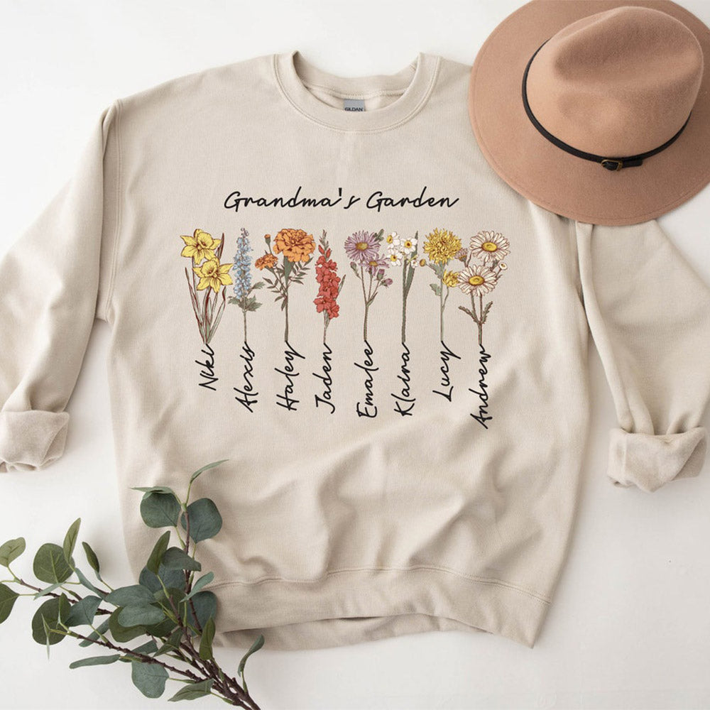Personalisiertes Omas Garten-Blumen-Sweatshirt mit den Namen des Enkelkinds, Muttertagsgeschenk für Oma und Mama