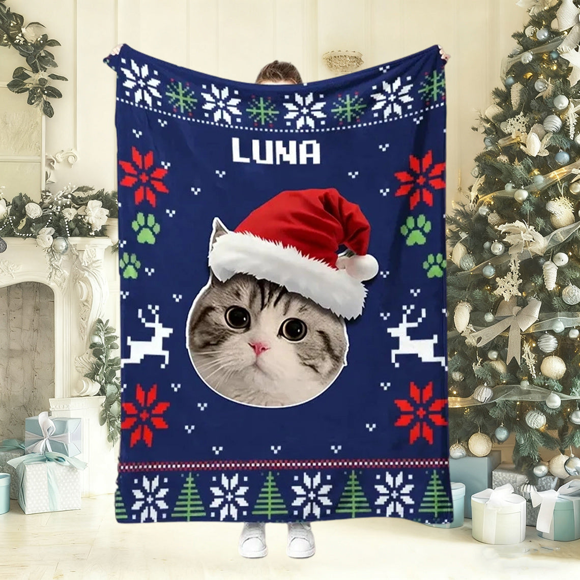Personalized Christmas Pet Portrait Blanket Custom Dog Cat Photo Blanket Christmas Gift For Pet Lovers