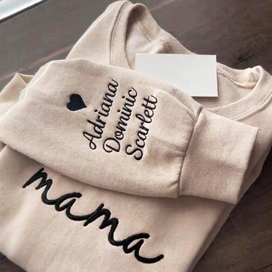 Custom Embroidered Mama Sweatshirt with Kids Names on Sleeve Mother's Day Gift for Mom Grandma