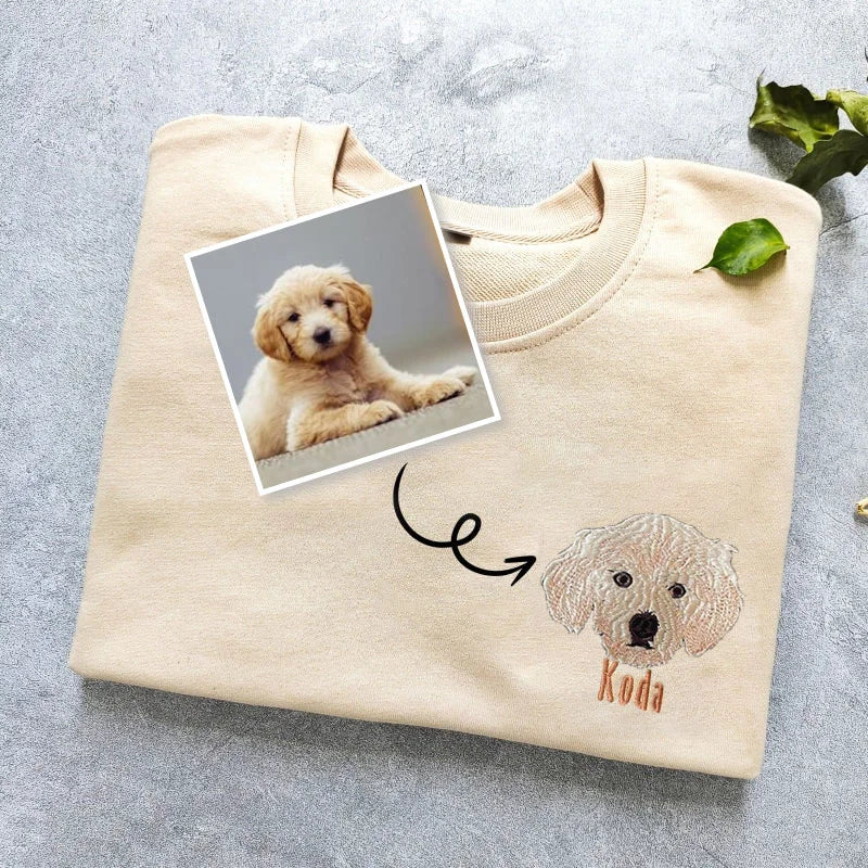 Personalized Embroidered Pet Face and Name Sweatshirt Custom Dog Cat Photo Hoodie Gift for Pet Lovers