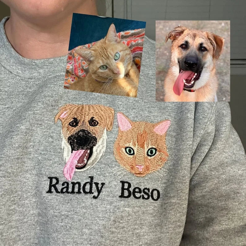 Personalized Embroidered Pet Face and Name Sweatshirt Custom Dog Cat Photo Hoodie Gift for Pet Lovers