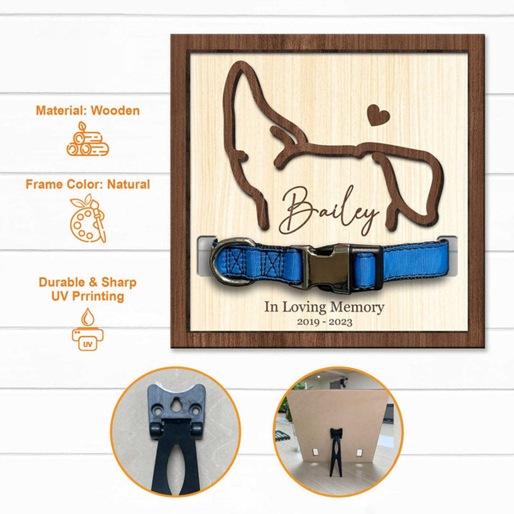 Marco de collar conmemorativo personalizado para mascotas con oreja y nombre. Regalo de condolencias por la pérdida de un perro.