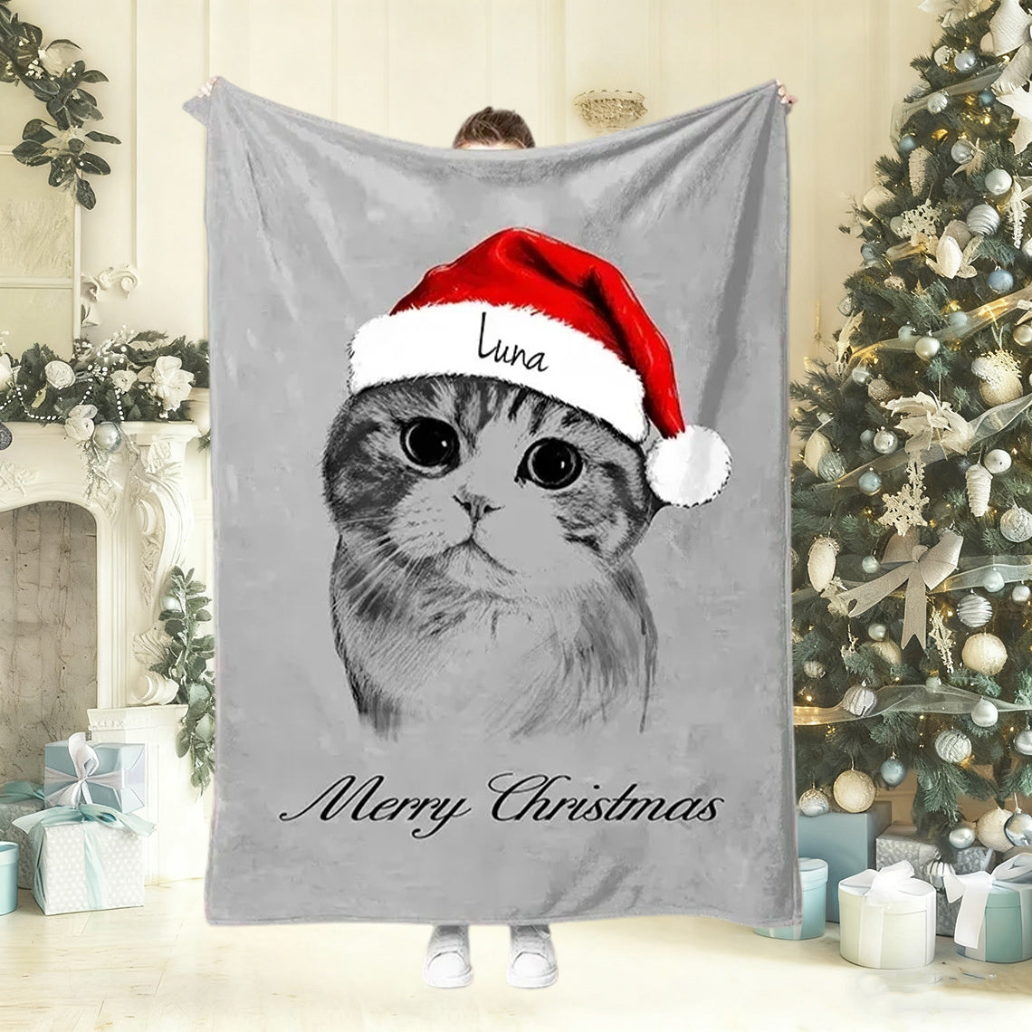 Personalized Christmas Pet Pen Art Portrait Blanket with Santa Hat Custom Dog Cat Photo Blanket Christmas Gift For Pet Lovers