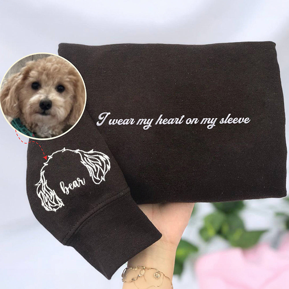 Personalized I Wear My Heart On My Sleeve Embroidered Sweatshirt Hoodie with Dog Cat Ears On Sleeve Gift For Pet Lovers