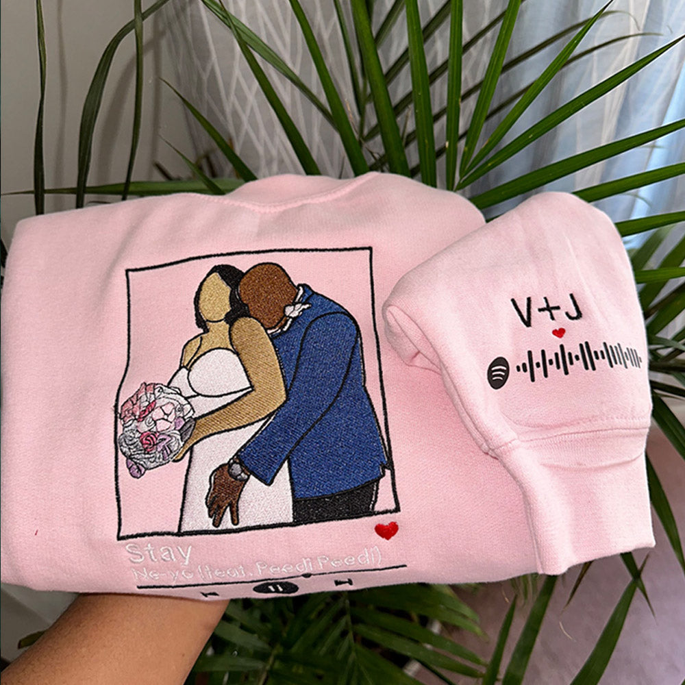 Reproductor de música con retrato bordado personalizado con código de Spotify en la manga Pareja sudadera Regalo de San Valentín