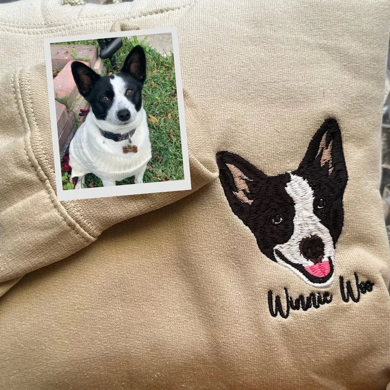 Personalized Embroidered Pet Face and Name Sweatshirt Custom Dog Cat Photo Hoodie Gift for Pet Lovers