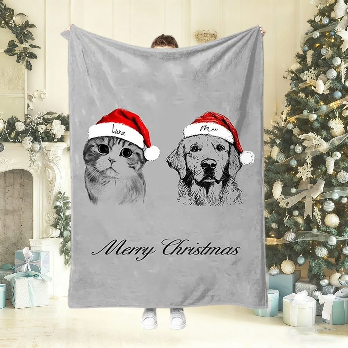 Personalized Christmas Pet Pen Art Portrait Blanket with Santa Hat Custom Dog Cat Photo Blanket Christmas Gift For Pet Lovers