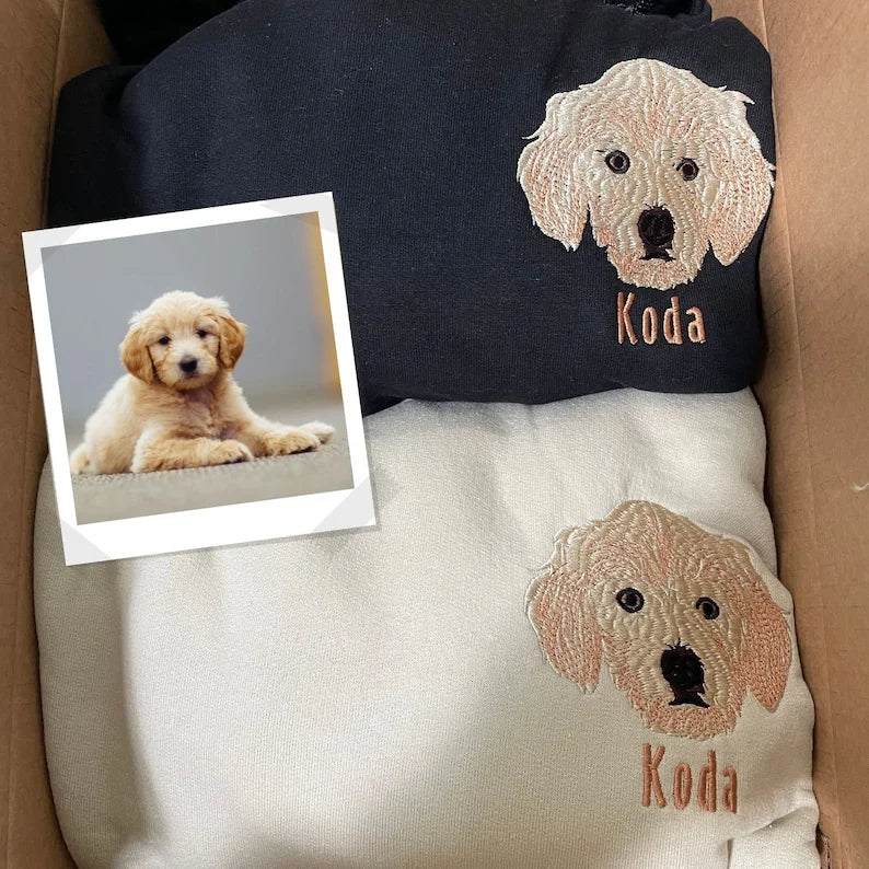 Personalized Embroidered Pet Face and Name Sweatshirt Custom Dog Cat Photo Hoodie Gift for Pet Lovers