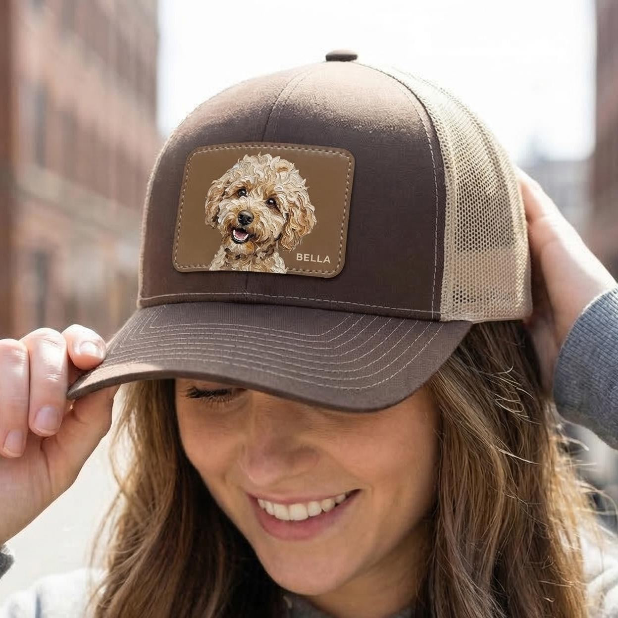 Custom Pet Portrait Leather Patch Hat, Artistic Style Trucker Hat, Dog Mom Dad Gift