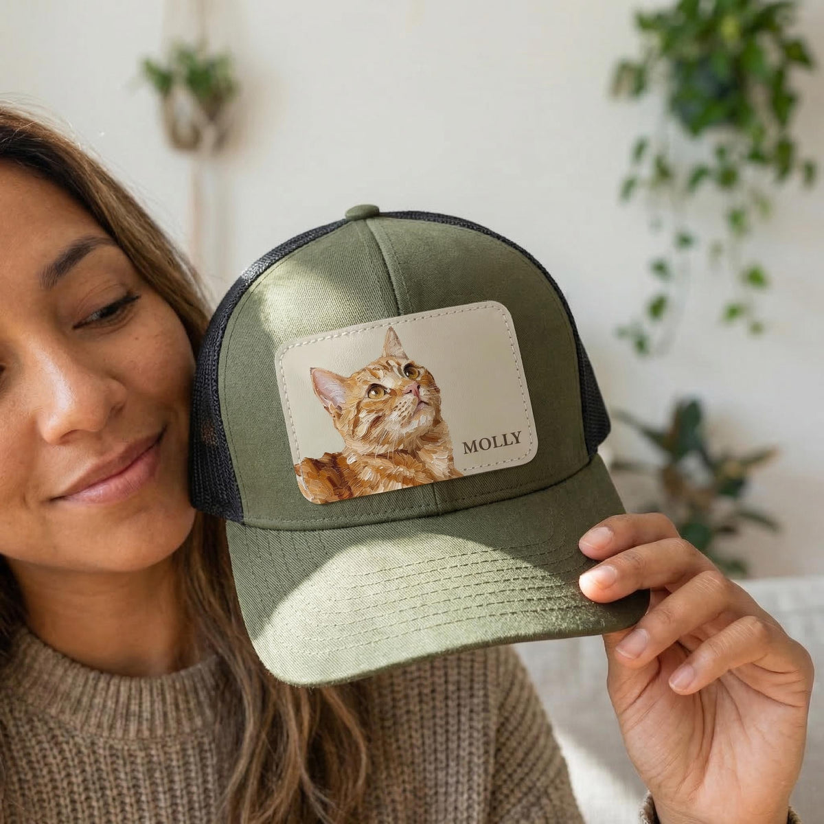 Custom Pet Portrait Leather Patch Hat, Artistic Style Trucker Hat, Dog Mom Dad Gift
