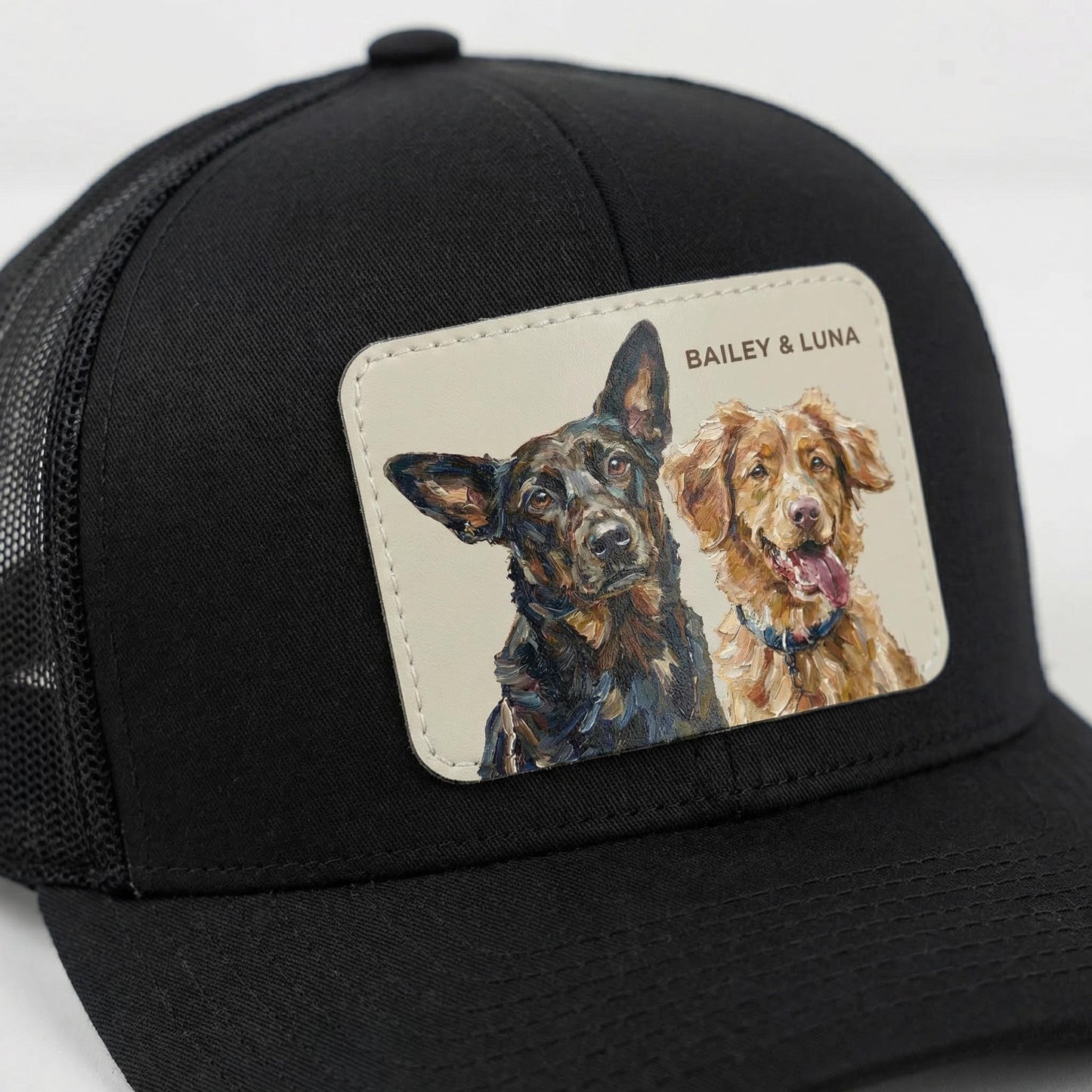 Custom Pet Portrait Leather Patch Hat, Artistic Style Trucker Hat, Dog Mom Dad Gift