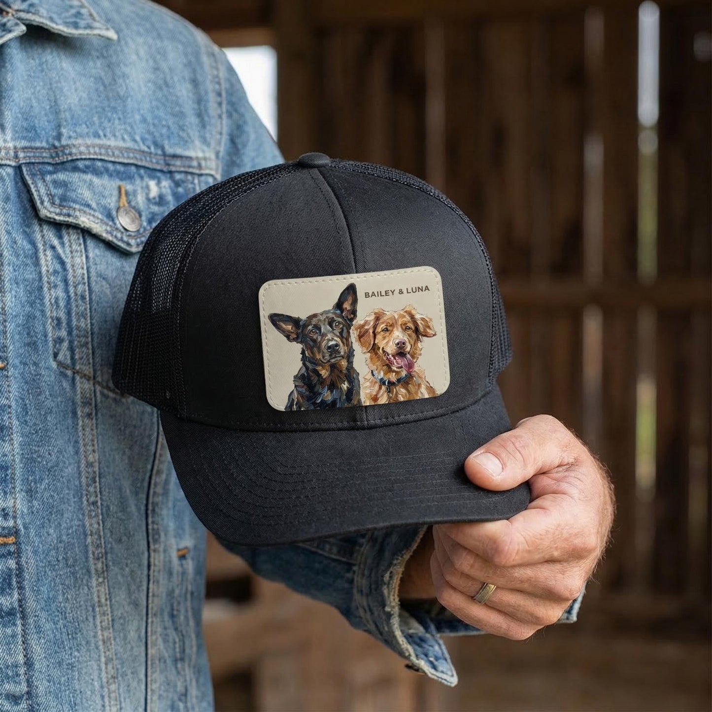 Custom Pet Portrait Leather Patch Hat, Artistic Style Trucker Hat, Dog Mom Dad Gift