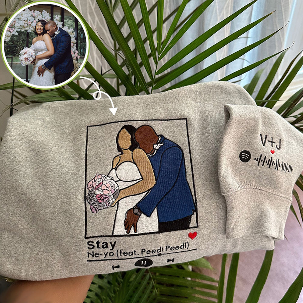 Reproductor de música con retrato bordado personalizado con código de Spotify en la manga Pareja sudadera Regalo de San Valentín