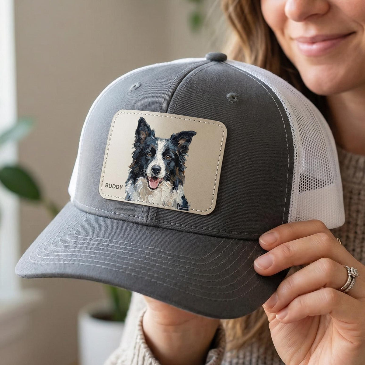 Custom Pet Portrait Leather Patch Hat, Artistic Style Trucker Hat, Dog Mom Dad Gift
