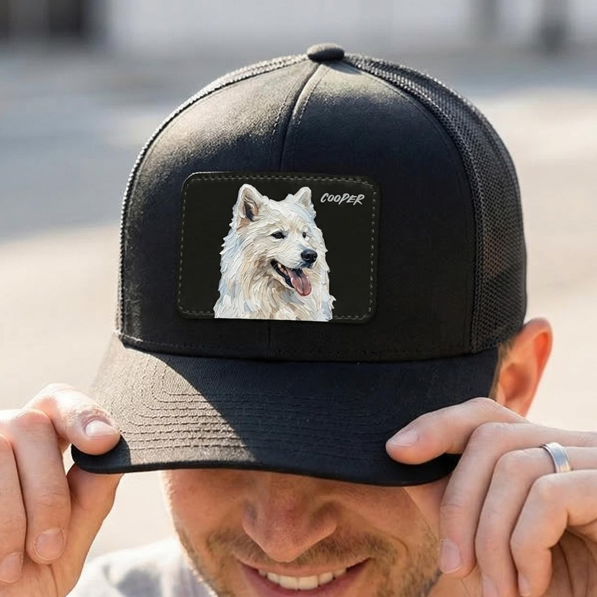 Custom Pet Portrait Leather Patch Hat, Artistic Style Trucker Hat, Dog Mom Dad Gift