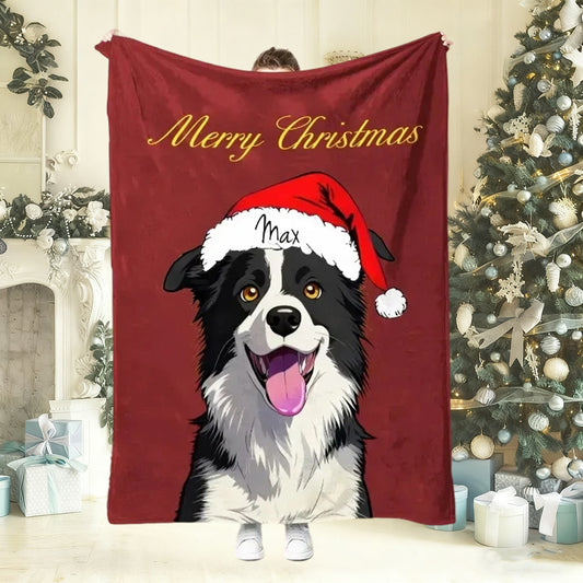 Personalized Christmas Pet Portrait Blanket with Santa Hat and Name Christmas Gift For Dog Cat Pet Lovers