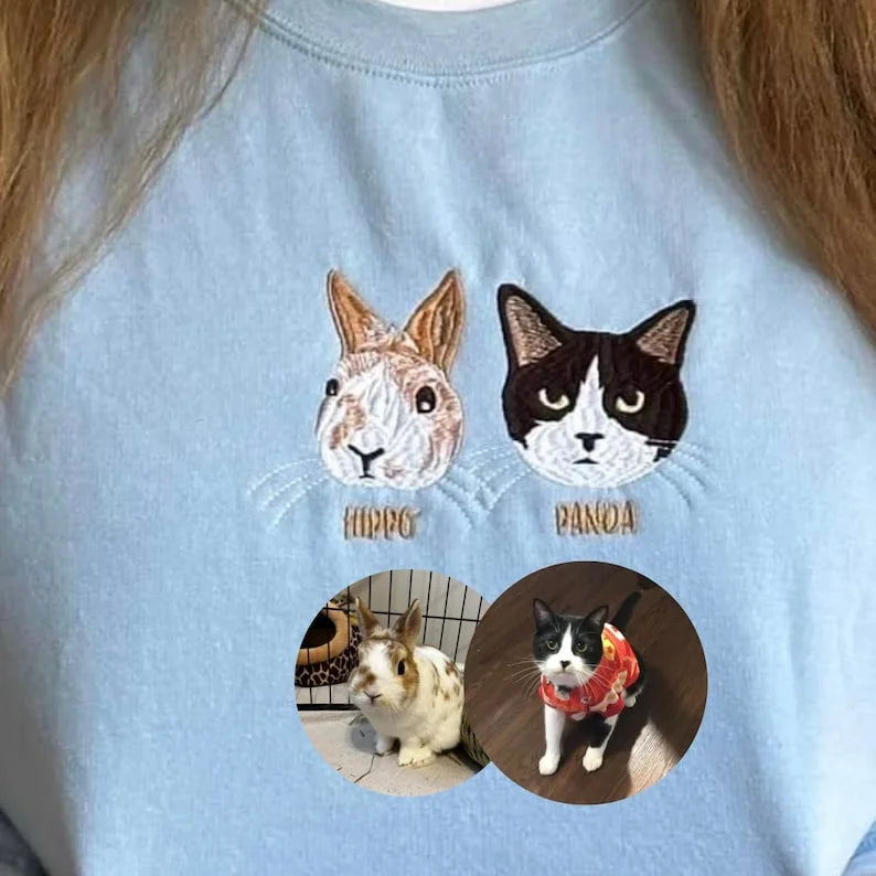 Personalized Embroidered Pet Face and Name Sweatshirt Custom Dog Cat Photo Hoodie Gift for Pet Lovers
