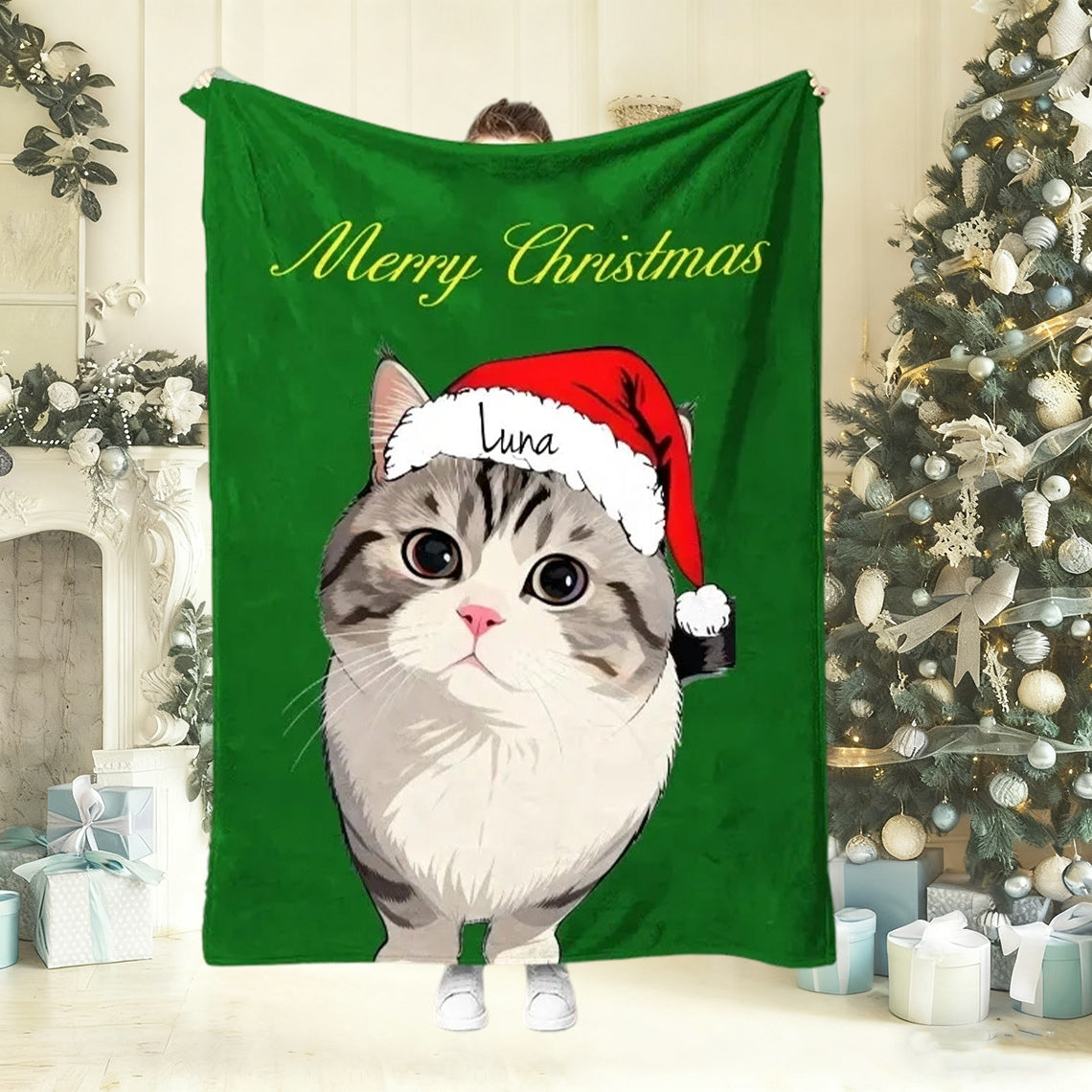 Personalized Christmas Pet Portrait Blanket with Santa Hat and Name Christmas Gift For Dog Cat Pet Lovers