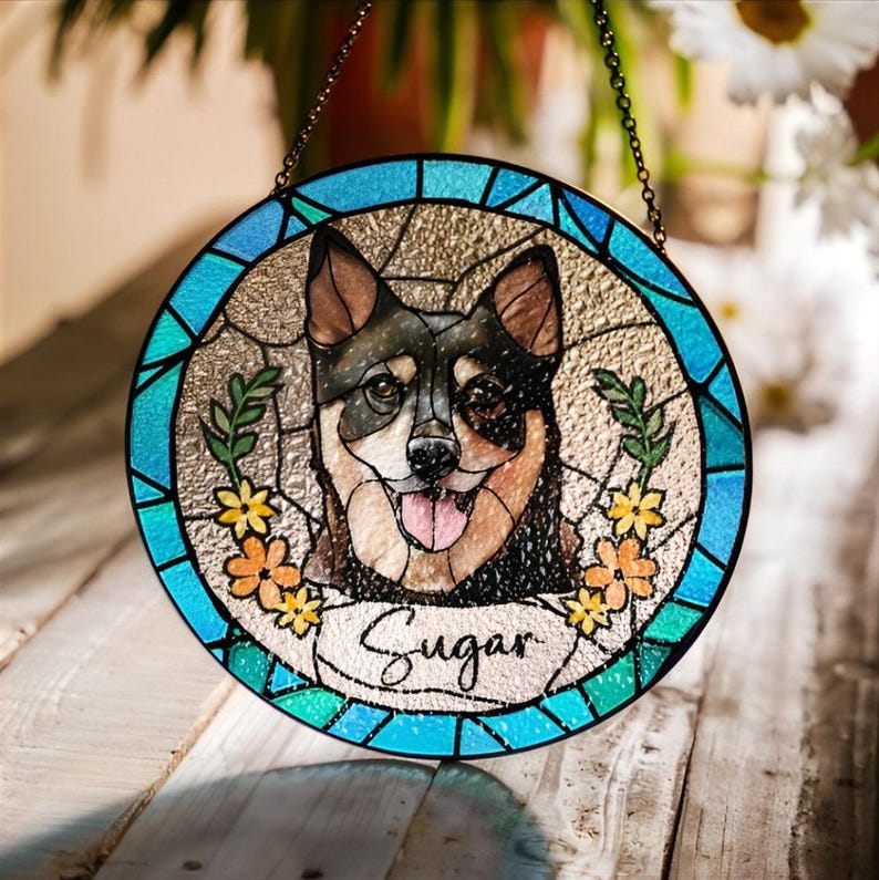 Custom Pet Portrait Stained Glass Suncatcher – Dog or Cat Memorial Gift For Pet Lovers
