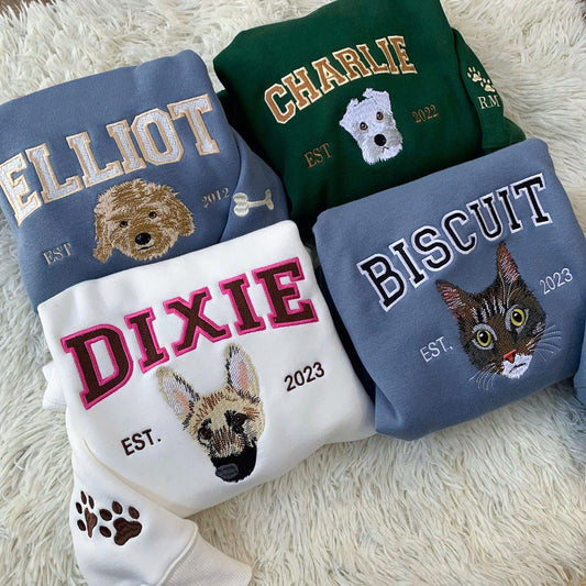 Personalized Embroidered Cat Dog Portrait Photo EST Sweatshirt Hoodie Keepsake Gift for Pet Lovers