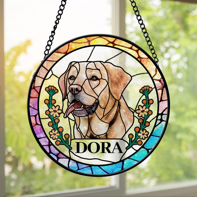 Custom Pet Portrait Stained Glass Suncatcher – Dog or Cat Memorial Gift For Pet Lovers
