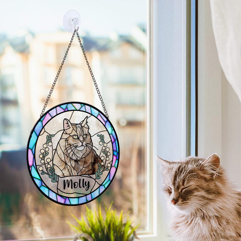 Custom Pet Portrait Stained Glass Suncatcher – Dog or Cat Memorial Gift For Pet Lovers
