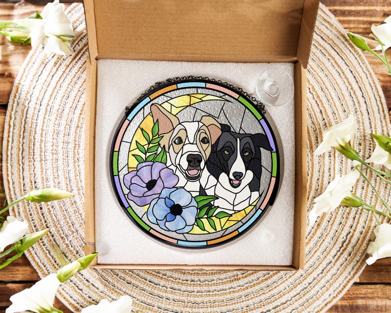 Custom Pet Portrait Stained Glass Suncatcher – Dog or Cat Memorial Gift