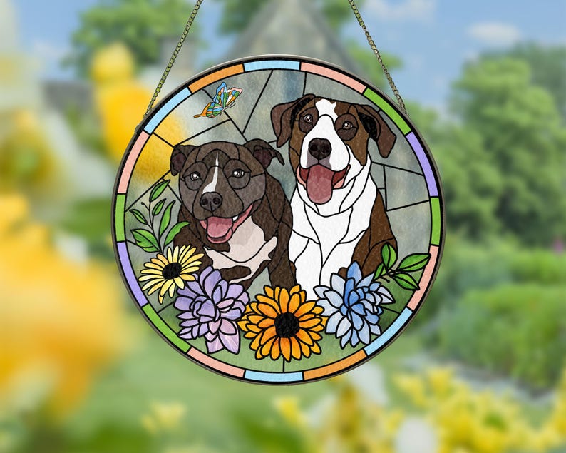 Custom Pet Portrait Stained Glass Suncatcher – Dog or Cat Memorial Gift