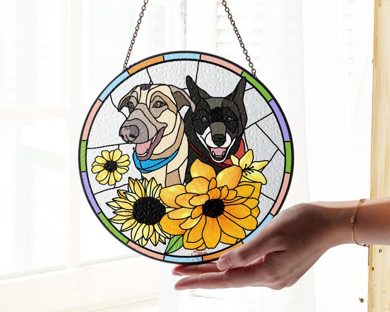 Custom Pet Portrait Stained Glass Suncatcher – Dog or Cat Memorial Gift