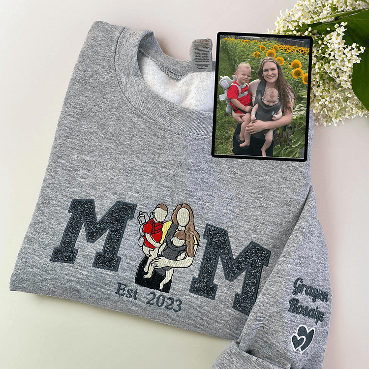Personalized Embroidered Glitter Mom Sweatshirt Hoodie with Family Photo Mother's Day Gift for Mom Nana
