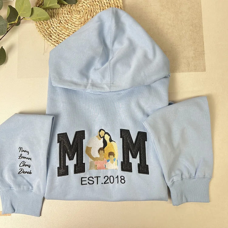 Personalized Embroidered Glitter Mom Sweatshirt Hoodie with Family Photo Mother's Day Gift for Mom Nana