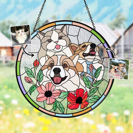 Custom Pet Portrait Stained Glass Suncatcher – Dog or Cat Memorial Gift