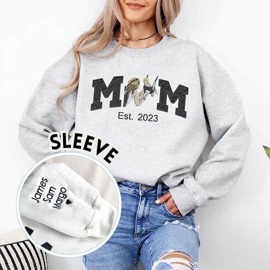 Personalized Embroidered Glitter Mom Sweatshirt Hoodie with Family Photo Mother's Day Gift for Mom Nana